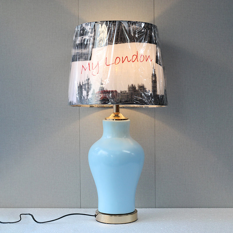 Ceramic Raem Pastel Blue Meduim 01 Printed Shades Lamps (Pair) for bedrooms