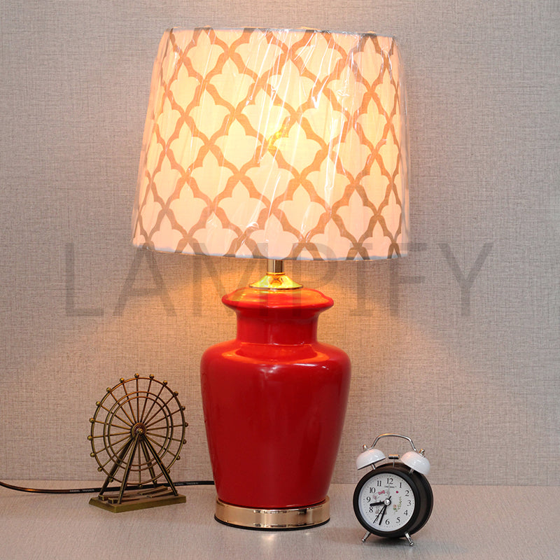 Ceramic Wain Chili Red With Printed Shades Lamps (Pair) for bedrooms