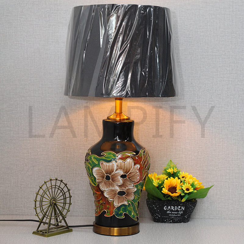 Ceramic Raim Floral Handpainted Medium Black Table Lamps(Pair) for bedrooms