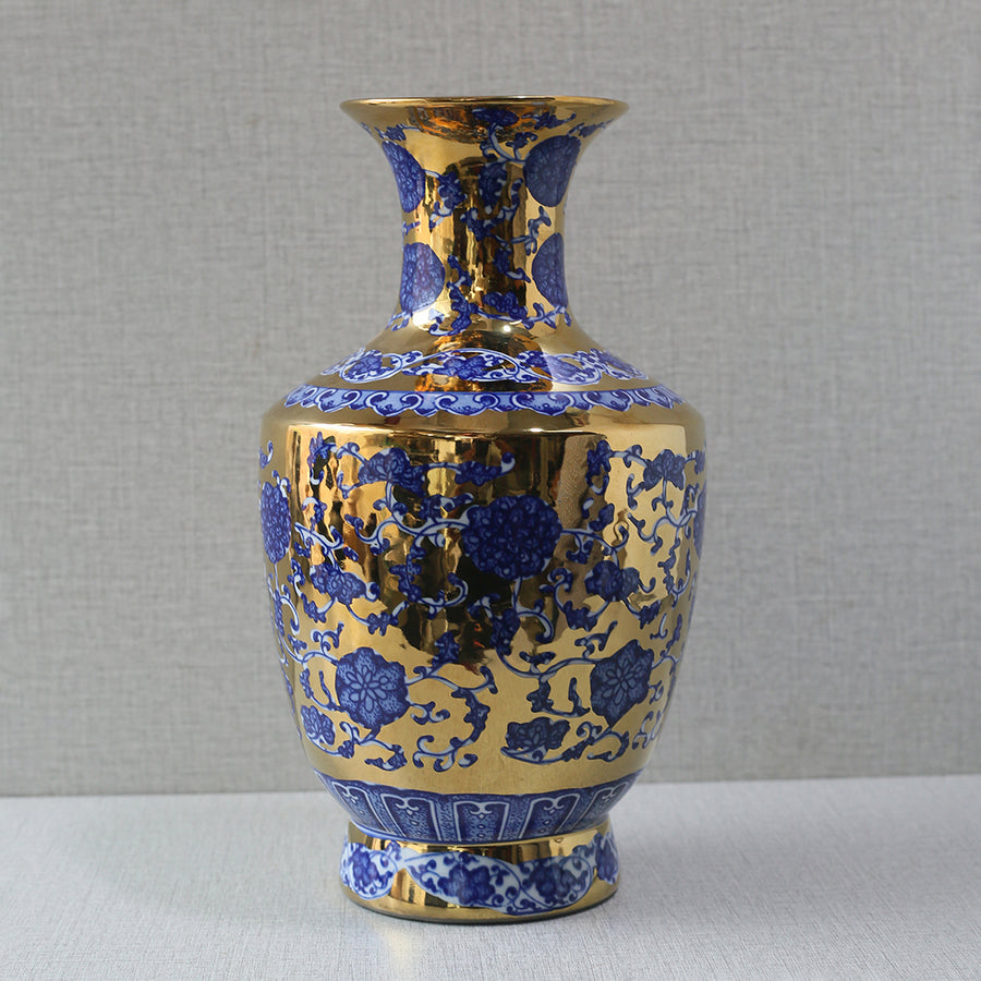 Bluepottry W 1371 Blue&Gold Surahi Jaar Vase (Each) Table Lamp for living rooms