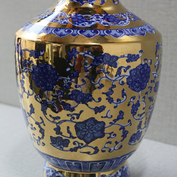 Bluepottry W 1371 Blue&Gold Surahi Jaar Vase (Each) Table Lamp for living rooms