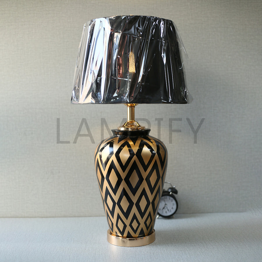 Ceramic Golden & Black Check Handpainted Table Lamps (Pair) for bedrooms