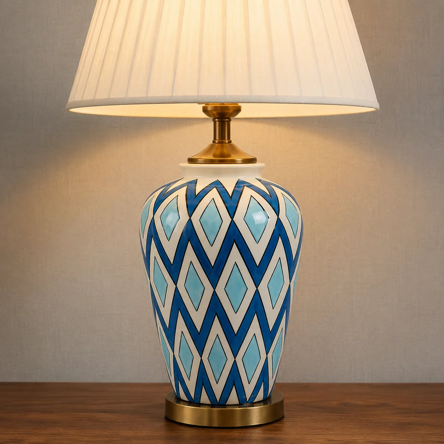 Ceramic Check Jar Handpainted Blue Lamps(Pair)