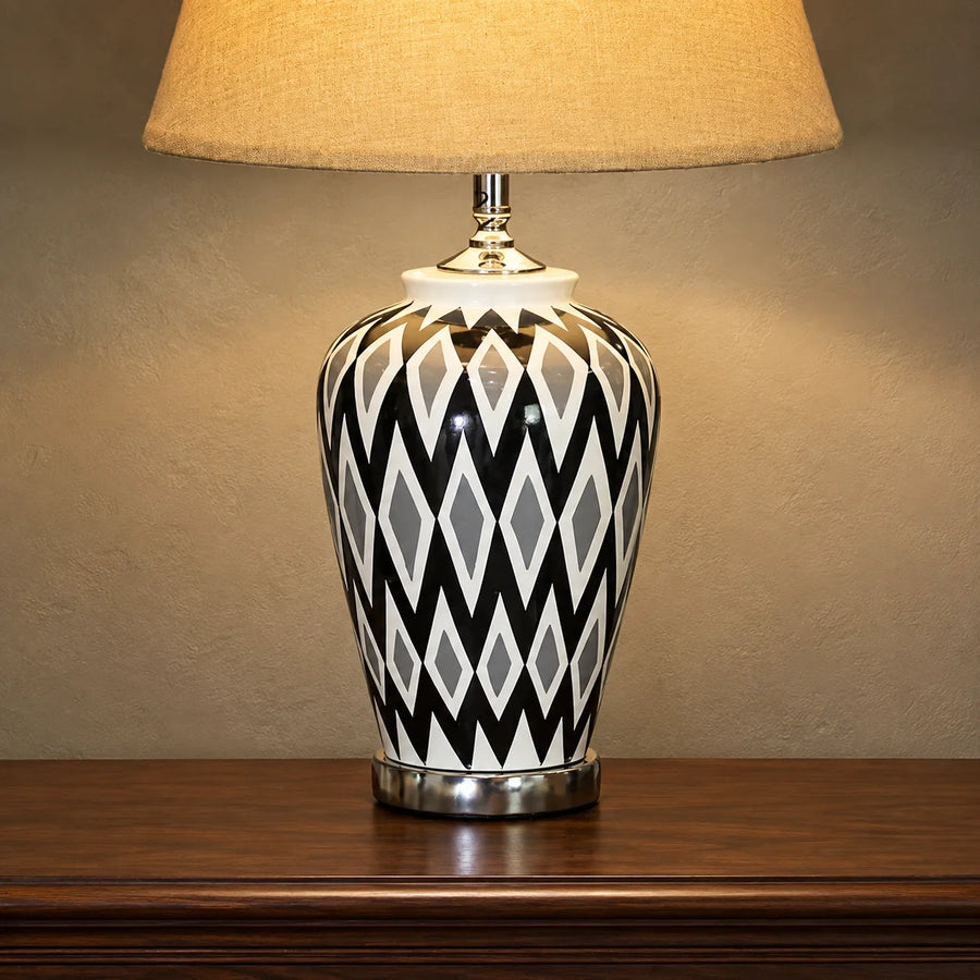 Ceramic Handpainted Black & White Check Medium Lamps (Pair)