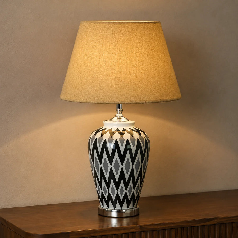 Ceramic Handpainted Black & White Check Medium Lamps (Pair)