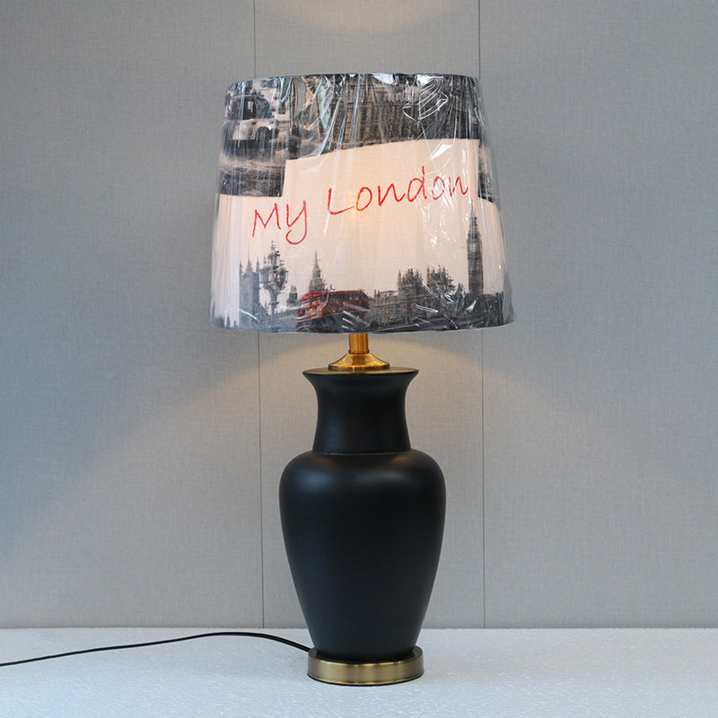 Ceramic B.Jar Black With Printed Shades Lamps (Pair) for bedrooms