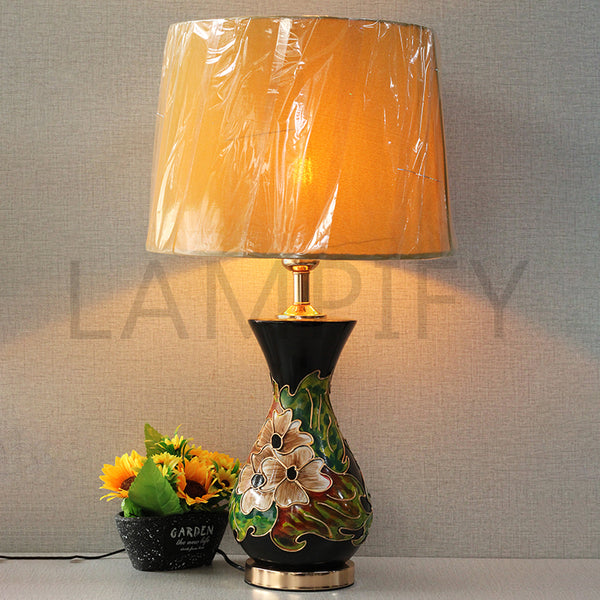 Ceramic Surahi HP Floral Black Table Lamps (Pair) for bedrooms