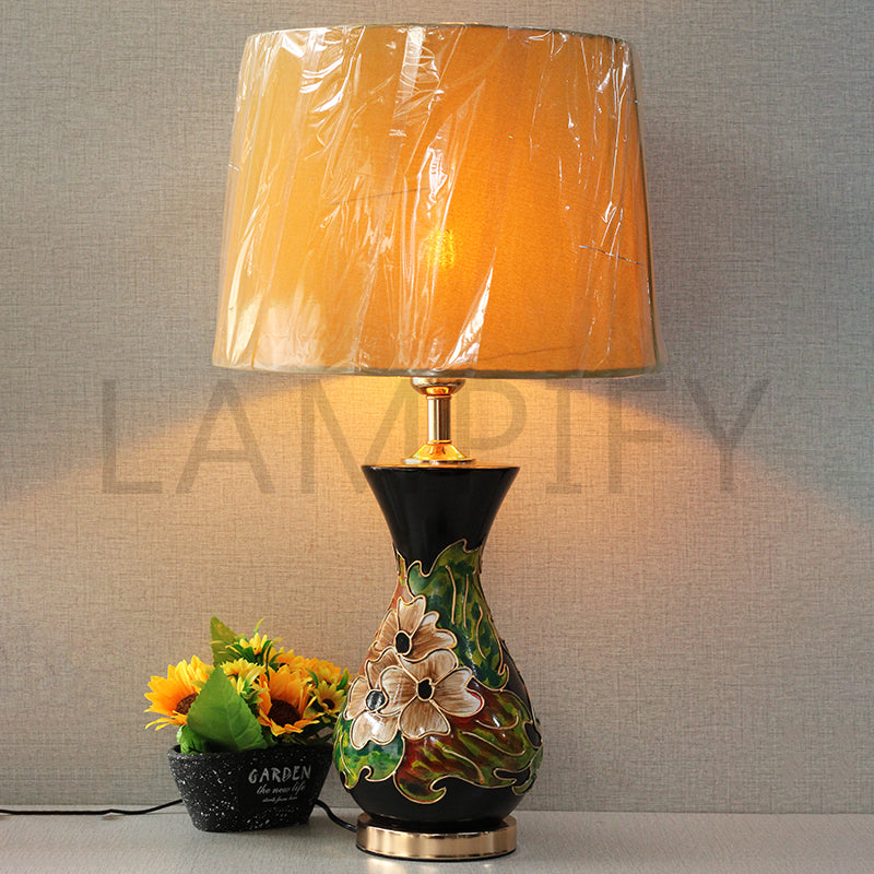 Ceramic Surahi HP Floral Black Table Lamps (Pair) for bedrooms