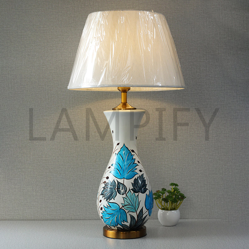 Ceramic Surahi White&Blue Floral Lounge Flower Table Lamps (Pair) for bedrooms